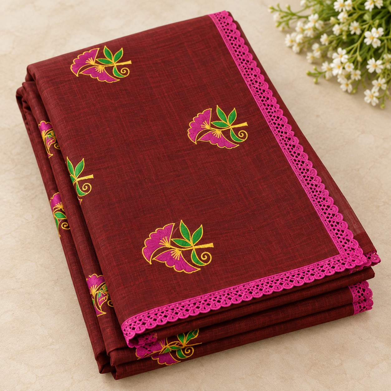 Picture of Exclusive Cotton Saree with Blouse & Embroidery and Lace Border - Maroon