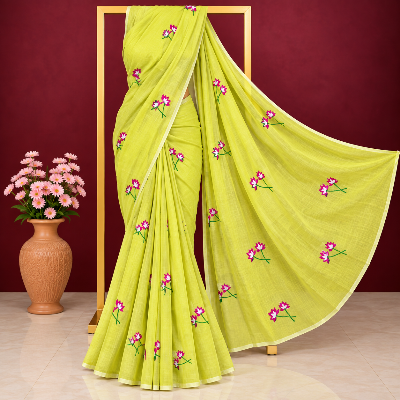 Picture of Exclusive Cotton Saree with Blouse & Embroidery and Lace Border - Lime Green