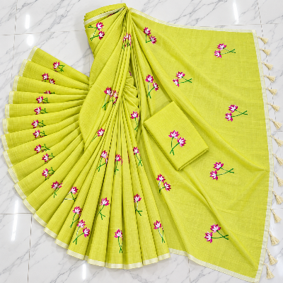 Picture of Exclusive Cotton Saree with Blouse & Embroidery and Lace Border - Lime Green