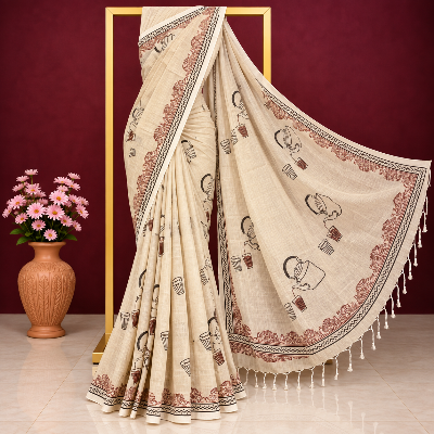 Picture of Exclusive Deep Cotton Saree with Blouse Embroidery and Lace Border - Off-White