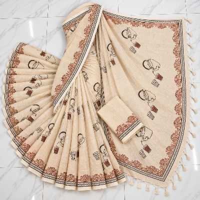 Picture of Exclusive Deep Cotton Saree with Blouse Embroidery and Lace Border - Off-White