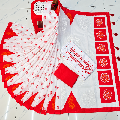 Picture of Puja Special Collection - Traditional Red and White Block Print Couple Combo Set