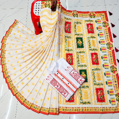 Picture of Puja Special Collection - Traditional Red and White Block Print Couple Combo Set