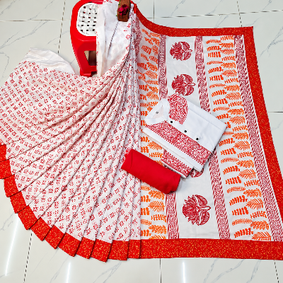 Picture of Puja Special Collection - Traditional Red and White Block Print Couple Combo Set