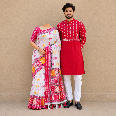 Picture of Puja Special Collection - Traditional Red and White Block Print Couple Combo Set
