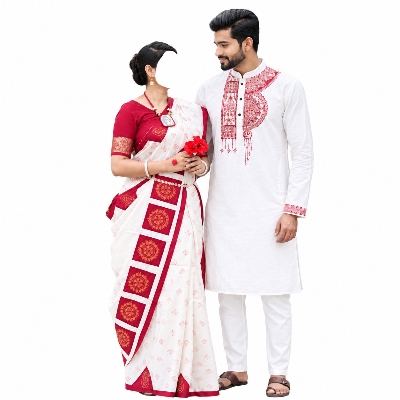 Picture of Puja Special Collection - Traditional Red and White Block Print Couple Combo Set