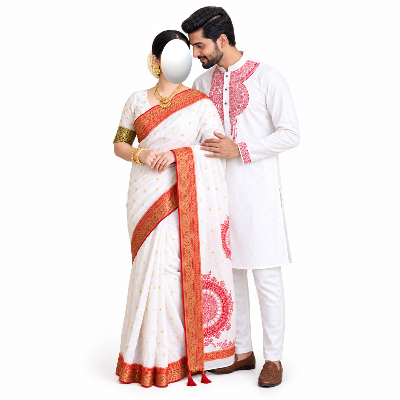 Picture of Puja Special Collection - Traditional Red and White Block Print Couple Combo Set