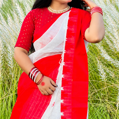 Picture of Traditional Red and White Cotton Handloom Saree for Durga Puja