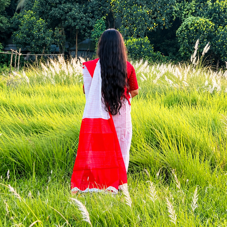 Picture of Traditional Red and White Cotton Handloom Saree for Durga Puja