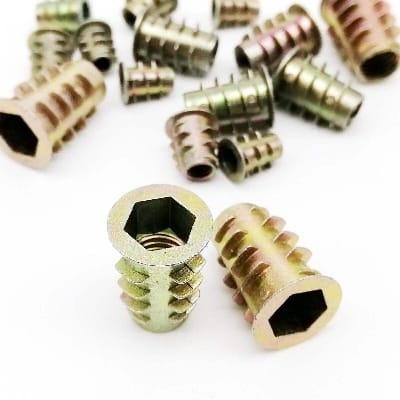Picture of 6mm Hex Socket Insert Nut Threaded Outside Teeth Embedded Hex Nut For Wood Furniture 50 pieces-Gold