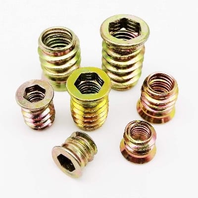 Picture of 8mm Hex Socket Insert Nut Threaded Outside Teeth Embedded Hex Nut For Wood Furniture 50 pieces-Gold