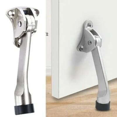 Picture of 1pics Kickdown Door Stopper Zinc Alloy Foot-Operated Lever Door Stops Non-Slip Rubber Adjustable Door Holder Hardware- Silver-Silver