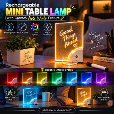 Picture of Rechargeable Mini LED Note Lamp – Acrylic Message Board Night Light with 7 Color Changing Light, Custom Write & Erase