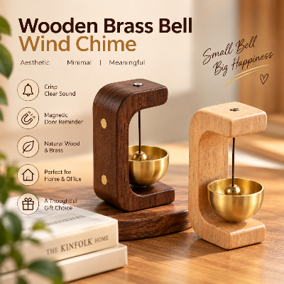 Picture of Wooden Brass Bell Wind Chime – Magnetic Door Entry Reminder, Aesthetic Desk & Home Decor Ornament
