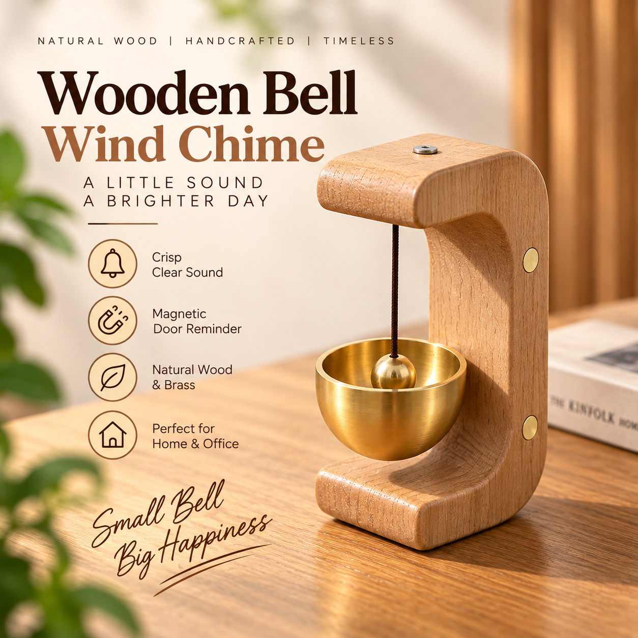 Picture of Wooden Brass Bell Wind Chime – Magnetic Door Entry Reminder, Aesthetic Desk & Home Decor Ornament