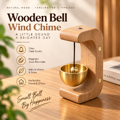 Picture of Wooden Brass Bell Wind Chime – Magnetic Door Entry Reminder, Aesthetic Desk & Home Decor Ornament