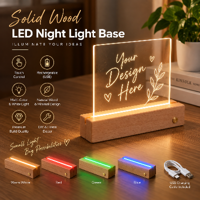 Picture of Solid Wood LED Night Light Base – Rechargeable Touch Control 3D Acrylic Light Stand, Multicolor & White, DIY Home Decor