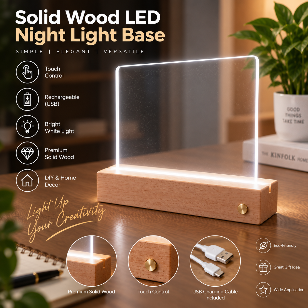Picture of Solid Wood LED Night Light Base – Rechargeable Touch Control 3D Acrylic Light Stand, Multicolor & White, DIY Home Decor