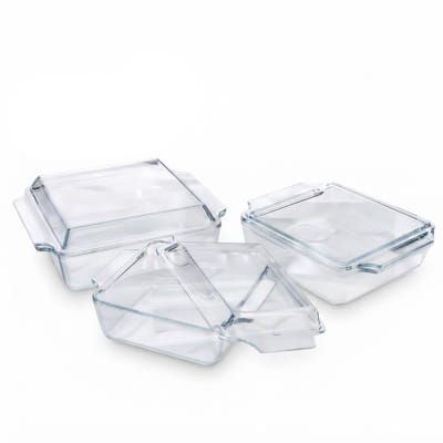 Picture of Marco Brand square Ovenproof Glass Serving Dish transparent 3pieces with lids 2.0liter 1.5liter 1.0liter 