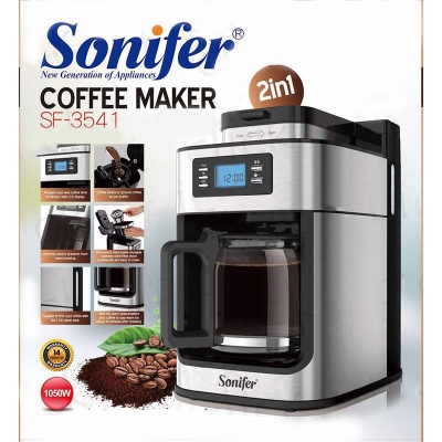 Picture of Coffee Maker with attached Coffee Bean Grinding Sonifer SF-3541 home smart digital 1.2 liter electric automatic bean to cup coffee maker with grinder machine Black