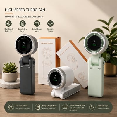 Picture of Turbo Fan Portable Handheld Mini Fan 5 Speed Rechargeable Digital Display Pocket Fan Portable Handheld High-Speed Turbo Fan 5 Gear Wind USB Type C Rechargeable Mini Hand Fan for Outdoor Activities, Traveling, Gifting 