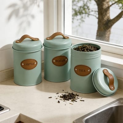 Picture of Retro Design Aesthetic Gift Set Soft Opening Lid Durable Round Metal Canister Set of 3 pieces for Kitchen Counter for Coffee Tea Sugar Storage Mint Green Powder Coated Color Smooth Body Useful for Dry Food Storage With Leather Handle and Label Light green