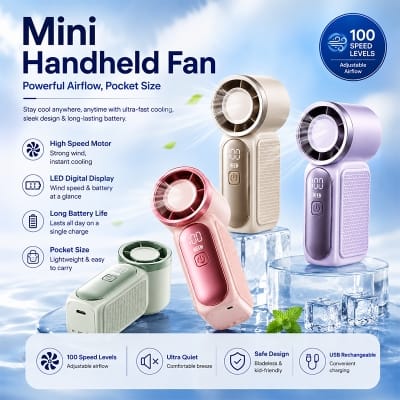 Picture of Pocket Size Mini Turbo Five-Speed 1200mAh Battery-Powered Outdoor Handheld Fan with Digital Display Portable Pocket Cooling Fan 