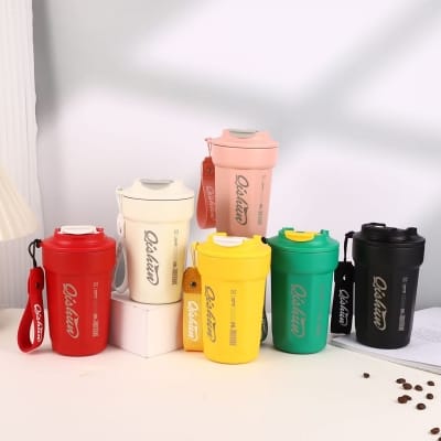 Picture of Stainless Steel 316 grade Octagonal Coffee Cup Portable Double-Layer Thermos for Outdoor Gym Activities Hit Style with Strap 450ml 
