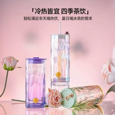 Picture of High Quality 400ML Colorful Gradient Glass Mug Cups Tea/coffee/juice Cup for Hot and Cold Drinks Juice Milk Coffee Cup Tumbler Cup with Lid and Straw 