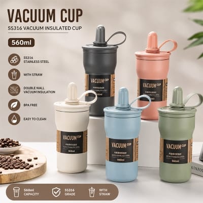 Picture of Stainless Steel SS316 Exquisite Vacuum Insulated Cup Portable Water Cup 560ml Coffee Mug Cup Double-drink Vacuum Thermos Tumbler with Straw Cap and Handle for Outdoor Hiking Couple and Daily Use 
