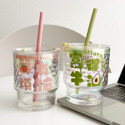 Picture of New Colorful 350ml Glass Juice Beverage Cup High Appearance Level Water With Cute Flexible Straw Creative Colorful Cup with High Aesthetic Value Office Straw Cup Fashionable New Colorful Glass Straw Cup Wholesale Cute Ins Girls Heat-Resistant Travel 