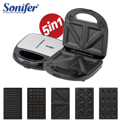 Picture of Sonifer SF-6154 Hot Selling Non Stick Removable Plates Electric 5 in 1 Multifunction Mini Sandwich Donut Maker Black