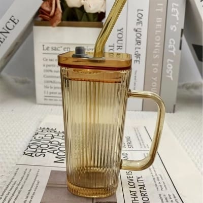 Picture of Transparent With Lid and Straw Milk Coffee Mug Tea Cup Mug Stripe Glass Cup With Handle 230ml Bronze