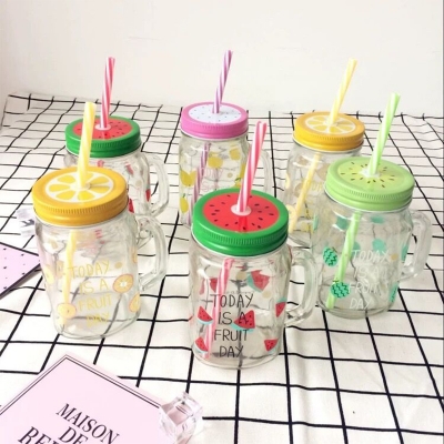 Picture of Glass Mug with Lid and Straw Juice Glass Breakfast Mug Drinkware Fruit Drinking Handle Glass Cup 450ml Glass Mason Jars With Straw With Lid and Handles Suitable for Cold Drinks 