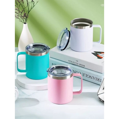 Picture of 350ml 12oz Stainless Steel Vacuum Insulated Stylish Retro Modern Mug Coffee Tea Water Cup With Handle and Transparent Lid For Daily Life Office Study Dining Outdoor Activity 