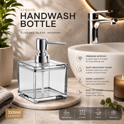 Picture of 320ml Square Transparent Unbreakable Scratch-Proof Acrylic Material with Silver Pump Lotion Shampoo Shower Gel Hand Wash Bottle Press-Type Reusable Hand Soap Dispenser for Home Bathroom Hotel Elegant Design 