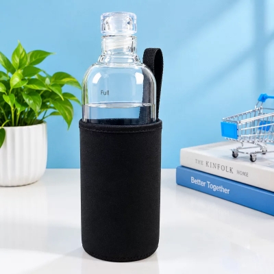 Picture of High Quality Glass Water Bottle with Time Marker, Reusable Glass Beverage Bottle Milk Bottle Juice Bottle, Glass Drinking Bottle with Protection Sleeve 
