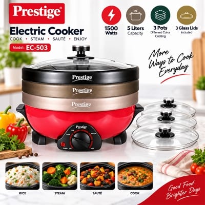 Picture of Multi Cooker with Heat Controller including 3 pots 5.0 Liter 1500W Big Power Red Multi Cooker Functional Electric Multi Rice Cooker Red
