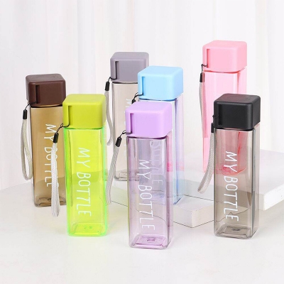 Picture of One Piece Reusable Portable Leakproof Plastic Square Cute My Bottle Water Clear Transparent Outdoor Cup With Strap 500ml Outdoor Sports 