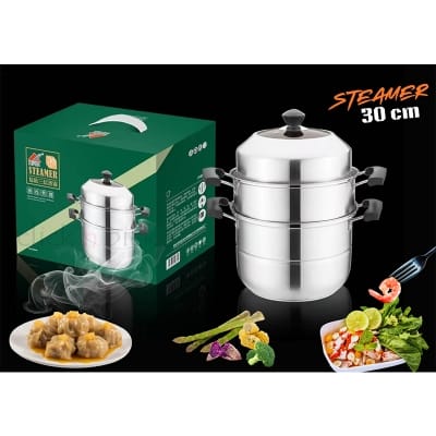 Picture of Food Steamer 3 Layers Pot Set 30cm Food Grade Stainless Steel Momo Steamer with Glass Lid Silver Metal Thickened Multi-function Steamer Pot Large-capacity Household Commercial Food Steamer Portable Steamer Silver