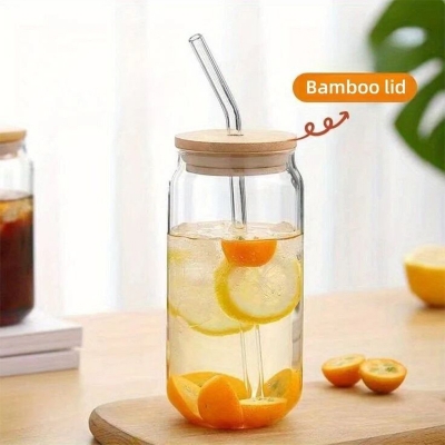Picture of 350ml Glass Cup with Lid and Straw Transparent Bubble Tea Cup Juice Glass Beer Can Milk Coffee Mocha Matcha Cups Breakfast Mug Drinkware 