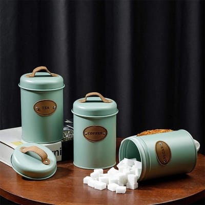 Picture of Retro Design Aesthetic Gift Set Soft Opening Lid Durable Round Metal Canister Set of 3 pieces for Kitchen Counter for Coffee Tea Sugar Storage Mint Green Powder Coated Color Smooth Body Useful for Dry Food Storage With Leather Handle and Label Light green