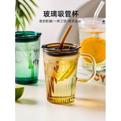 Picture of Glass Drinking Mug 435ml Retro Fashion With Straw High Quality Glassware For Personal Office Students Gifts 
