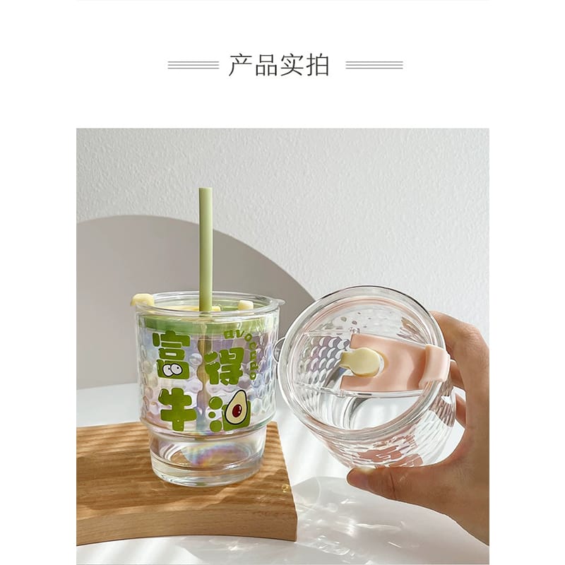 Picture of New Colorful 350ml Glass Juice Beverage Cup High Appearance Level Water With Cute Flexible Straw Creative Colorful Cup with High Aesthetic Value Office Straw Cup Fashionable New Colorful Glass Straw Cup Wholesale Cute Ins Girls Heat-Resistant Travel 