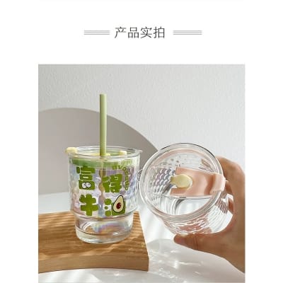 Picture of New Colorful 350ml Glass Juice Beverage Cup High Appearance Level Water With Cute Flexible Straw Creative Colorful Cup with High Aesthetic Value Office Straw Cup Fashionable New Colorful Glass Straw Cup Wholesale Cute Ins Girls Heat-Resistant Travel 