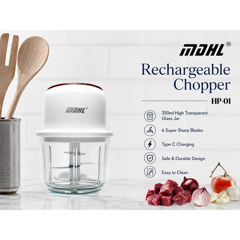Picture of MDHL Brand High Quality Rechargeable Chopper with Super Sharp 6 Blades and 350ml Capacity High Transparent Glass Bowl with Rubber Grip Bottom Suitable for Modern Kitchen Compact Size Portable Kitchen Gadget Multicolor