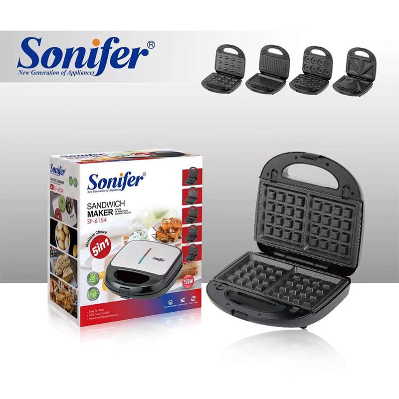 Picture of Sonifer SF-6154 Hot Selling Non Stick Removable Plates Electric 5 in 1 Multifunction Mini Sandwich Donut Maker Black