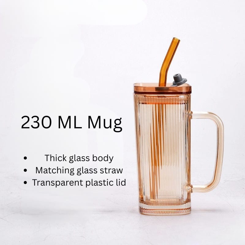 Picture of Transparent With Lid and Straw Milk Coffee Mug Tea Cup Mug Stripe Glass Cup With Handle 230ml Bronze