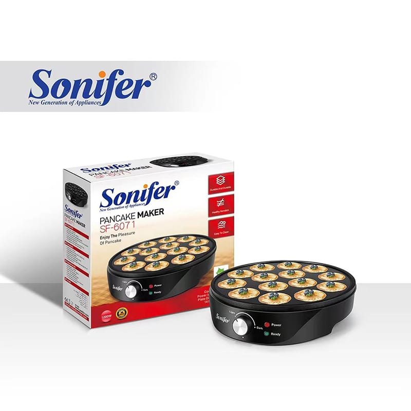 Picture of Sonifer SF-6071 Hot Sale Professional Kitchen 220v Non Stick Hot Plate Round Automatic Electric Mini Pancake Maker Black