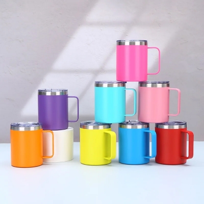 Picture of 350ml 12oz Stainless Steel Vacuum Insulated Stylish Retro Modern Mug Coffee Tea Water Cup With Handle and Transparent Lid For Daily Life Office Study Dining Outdoor Activity 